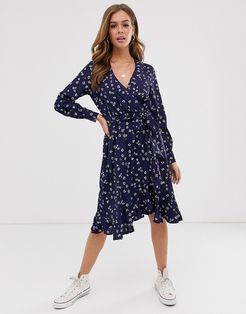 wrap front midi dress in navy floral