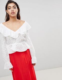 Blouse in Anglais Lace with Deep V Back and Frills-White