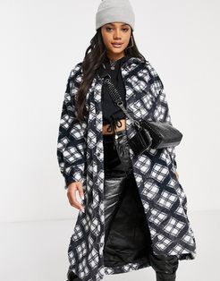 long length faux fur plaid shirt jacket in multi