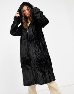 long length hooded faux fur drawstring jacket in black