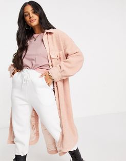 long length teddy shirt jacket in pink