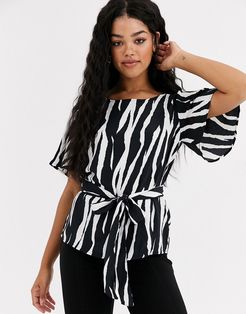 Dana short sleeve zebra print tie blouse-Black