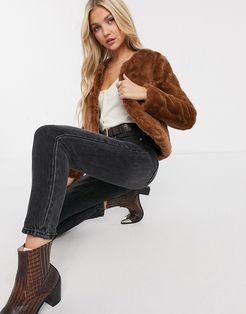 Evelyn cropped faux-fur jacket in brown