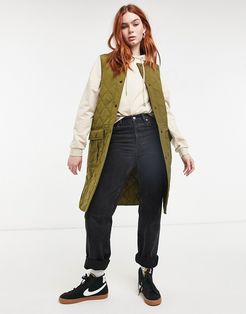 quilted longline vest with pockets in khaki-Green