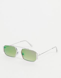 slim square sunglasses in silver with multicolored lens