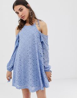 Swing Dress With Cold Shoulders And Tassel Ties In Lace-Blues