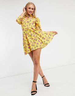 cutout tie neck skater dress in yellow floral print