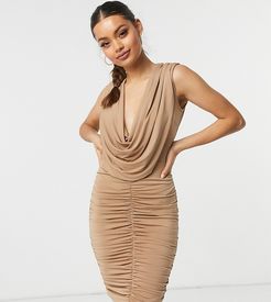 cowl front ruched detail mini dress in camel-Brown