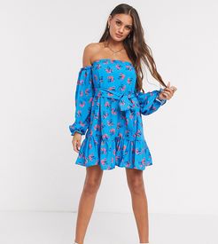 off shoulder long sleeve mini dress in blue floral print-Multi