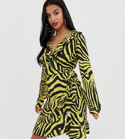 ruffle wrap front midi tea dress in yellow zebra print-Multi