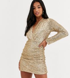 sequin plunge front ruched mini dress in gold