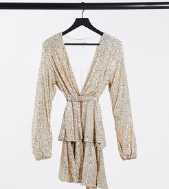 sequin plunge front skater dress in gold