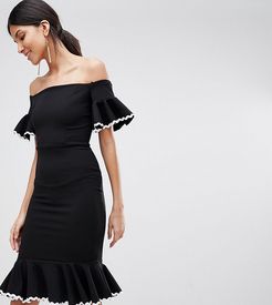 Off Shoulder Midi Pencil Dress With Fluted Hem Detail-Black