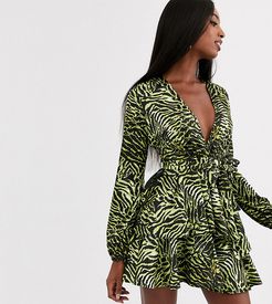 plunge front skater dress in lime zebra-Multi