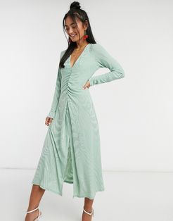 textured ruched midi dress in mint zebra print-Green