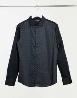 front panel printed woven stretch shirt-Black