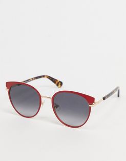 cat eye sunglasses in red with tortoise shell tips