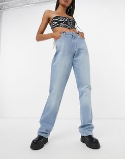 relaxed fit straight leg vintage wash jeans-Blue