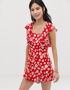 backless romper in daisy print-Red
