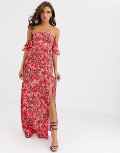 off shoulder maxi dress with thigh split in red leaf print-Multi