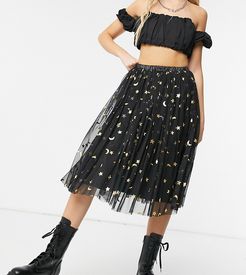 exclusive tulle midi skirt in black glitter moon print-Multi