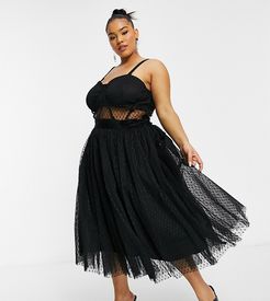 exclusive prom midi dress with mesh corset waist detail in black dobby mesh-Multi