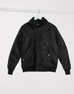 fleece collar padded bomber jacket-Black