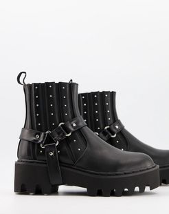 chunky boots with harness detail in black