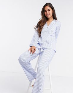 notch collar pajama set in pale blue stripe-Blues