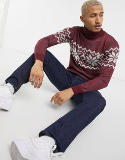 roll neck Christmas sweater in burgundy-Red