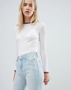 Ribbed Long Sleeve Top with Sports Neckline-White