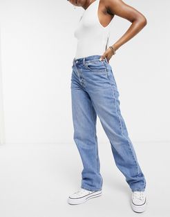 high loose straight leg jeans in mid wash-Blues