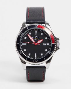 faux leather watch in black with red stitching