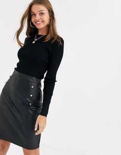 2 in 1 pu skirt dress with gold button detail in black