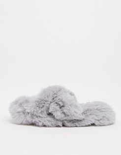 faux fur cross detail slipper in gray-Grey