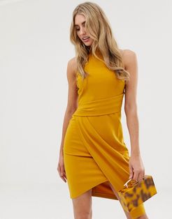 halterneck bodycon dress in mustard-Yellow