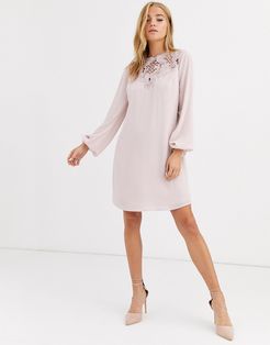 long sleeve embroidered shift dress in pearl pink