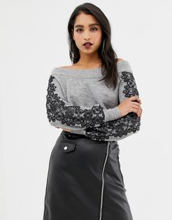 off shoulder sweater with lace sleeve detail in gray-Grey