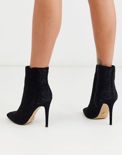 pointed ankle boot with rhinestone back detail in black