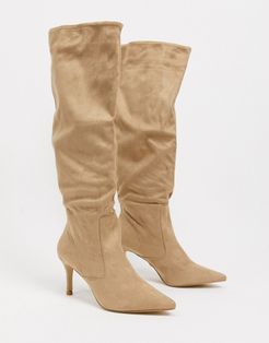 ruched detail knee length boot in taupe-Neutral