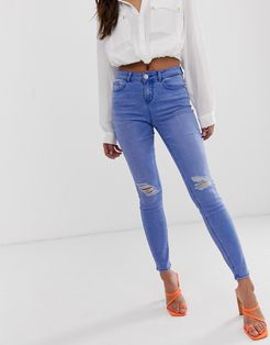 skinny jean with ripped knee details in bright blue-Blues