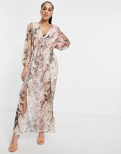 wrap midi dress in snake-Multi