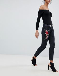 Boyfriend Jean with Stepped Hem and Rose Embroidery-Black