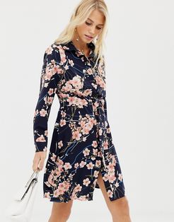 blossom floral print shirt dress-Navy