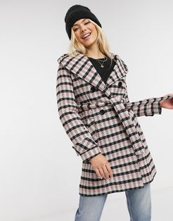 hooded coat with tie front in plaid-Multi