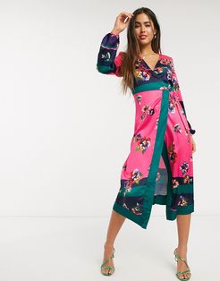 midi wrap dress with ruched sleeve detail in bright mixed floral-Multi