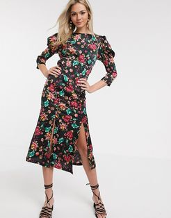 satin midi dress with sharp shoulder detail in black print-Multi