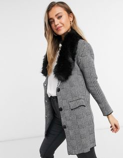 straight coat in gray plaid with faux fur collar in black-Grey