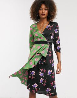 wrap front mini dress in mixed floral print-Multi