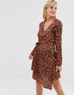 wrap front satin mini dress in red leopard print-Multi